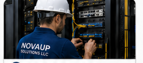 Technician working on a telecom rack